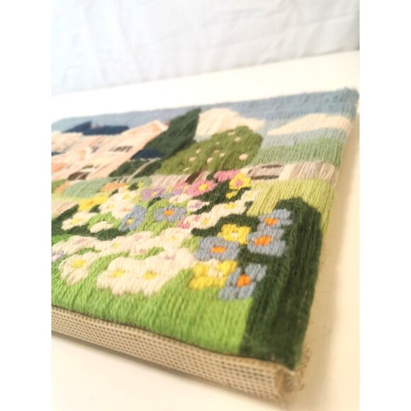 Embroidered Homestead Scenes Pair Crewel Wool Needlepoint Vintage - Picture 12 of 16